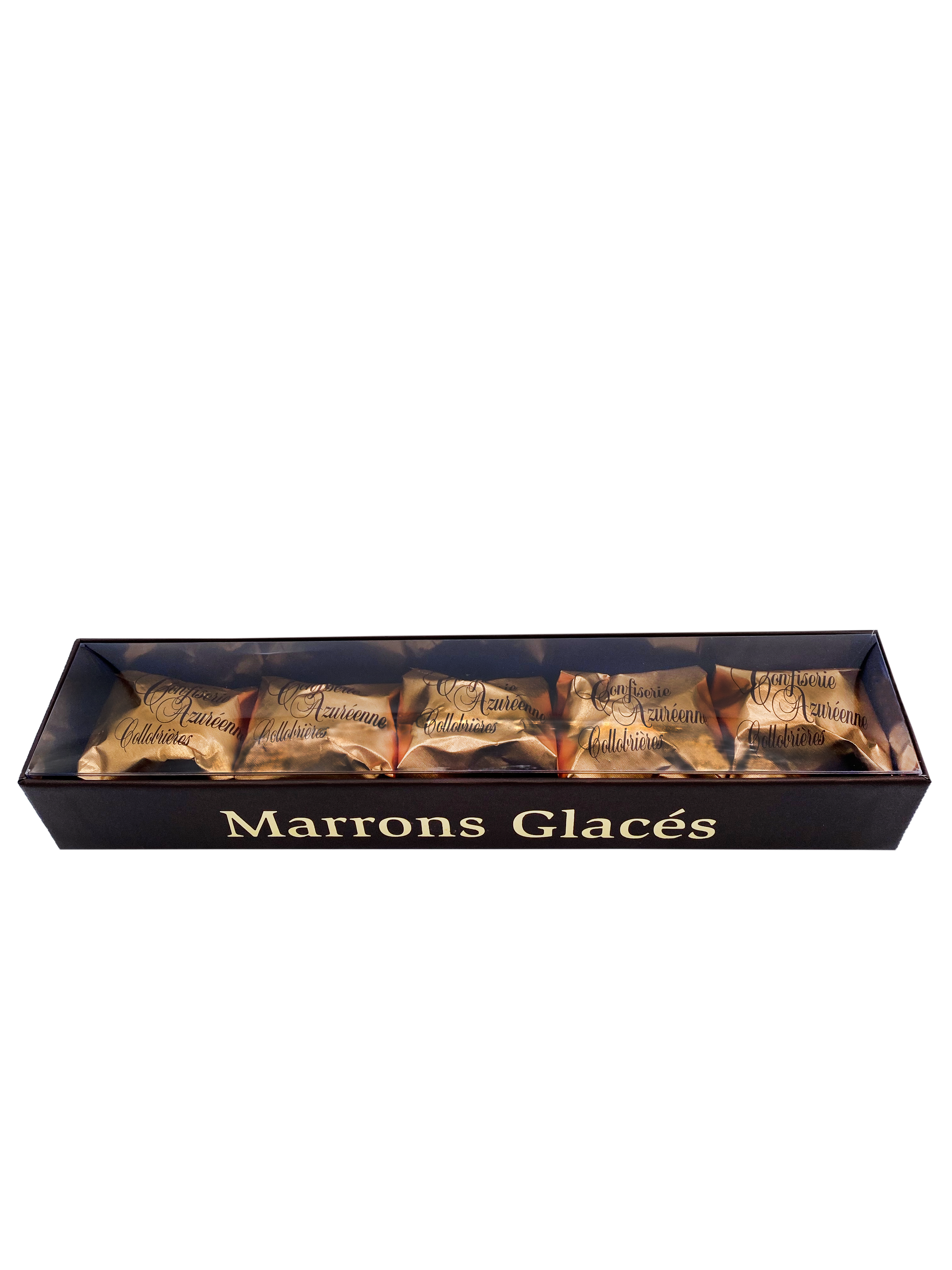 Coffret de 16 Marrons Glacés pliés individuellement sous papier doré.